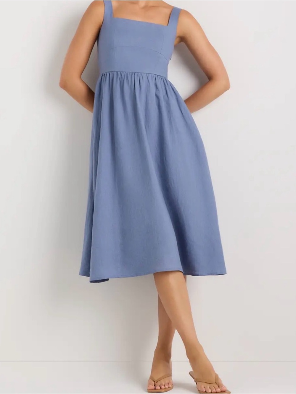 EUC:Quince European 100% Linen Fit and Flare Dusty Blue Square-Neck Midi Dress